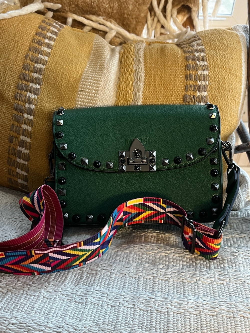 Green Studded Vegan Leather Crossbody with Colorful Woven Strap